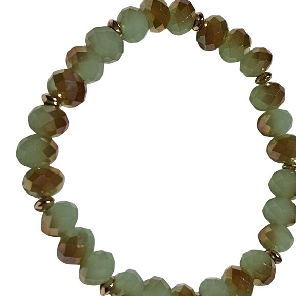 Handmade Faceted Beaded Stretch Bracelet Green Gold Glass Beads Fashion Jewelry - Picture 2 of 3